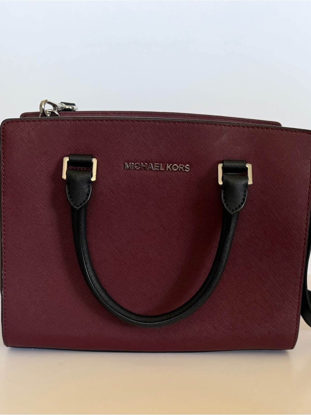 Michael Kors Wine and stone Saffiano Leather Satchel with Black Handles
